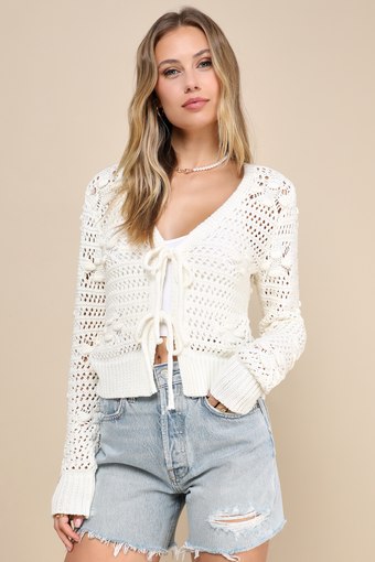 Perfect Direction Ivory Crochet Tie-Front Cardigan Sweater