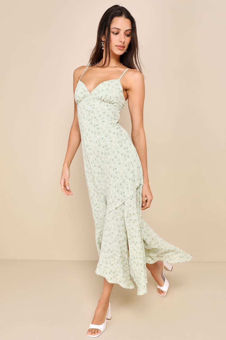 Sage Floral Handkerchief Dress - Tie-Back Dress - Midi Dress - Lulus