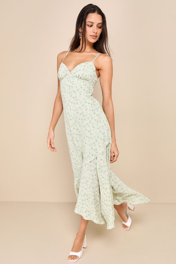 Sage Floral Jacquard Mini Sun Dress with Tie