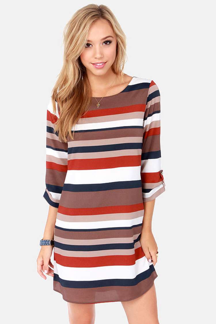 Cute Striped Dress - Shift Dress - Taupe Dress - $49.00 - Lulus