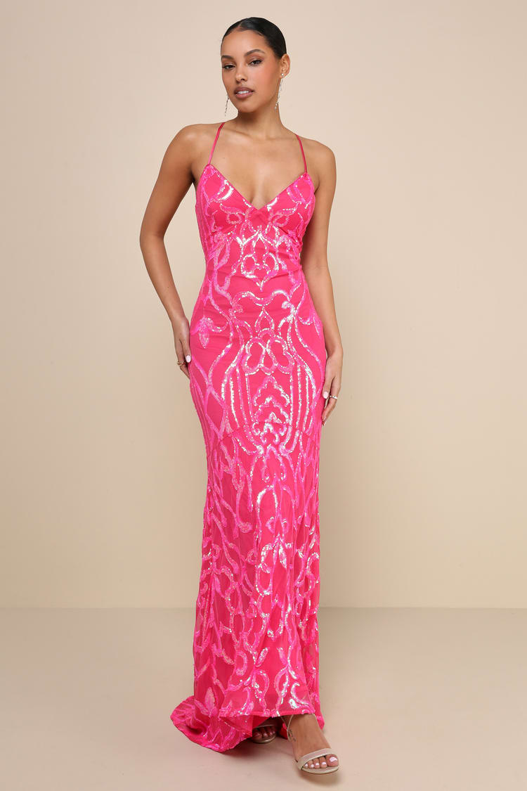 Hot Pink Prom Dress Sequin Prom Dress Lace-Up Maxi Dress Lulus