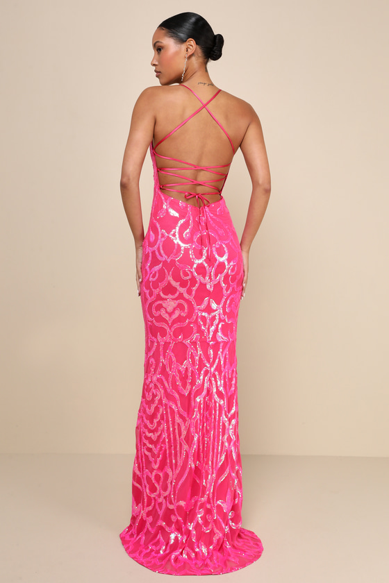 Perfect Enchantment Hot Pink Sequin Lace-Up Mermaid Maxi Dress 3