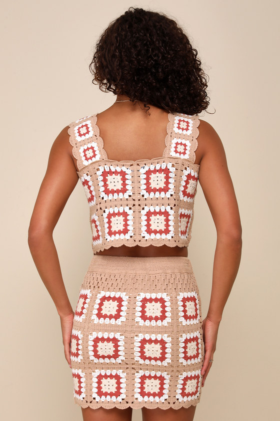 Lulus Aesthetic Instinct Beige And Red Crochet Two-piece Mini Dress In Beige