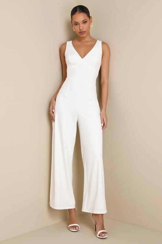 Sweet Eloquence White Lace Back Sleeveless Wide-Leg Jumpsuit 1