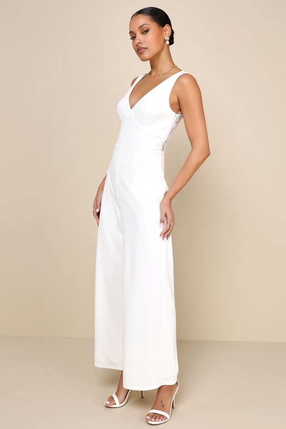 Lulus Sweet Eloquence White Lace Back Sleeveless Wide-leg Jumpsuit In White