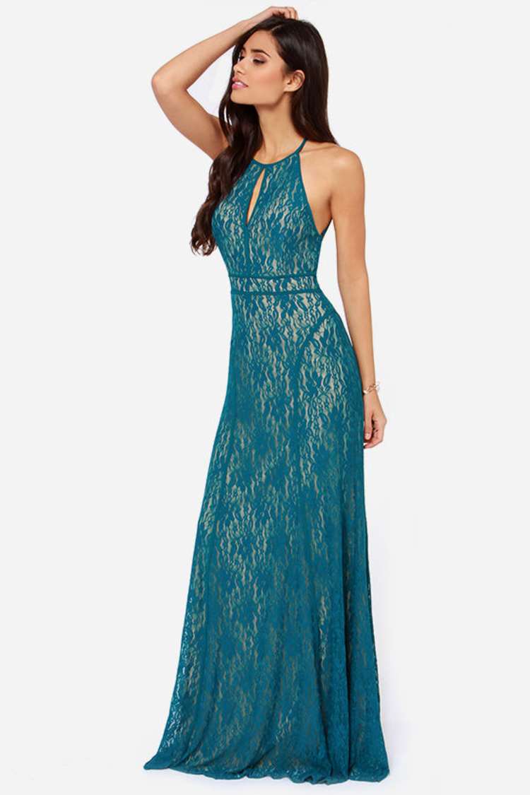 teal lace maxi dress Axiom Blue Lace Maxi Dress / S