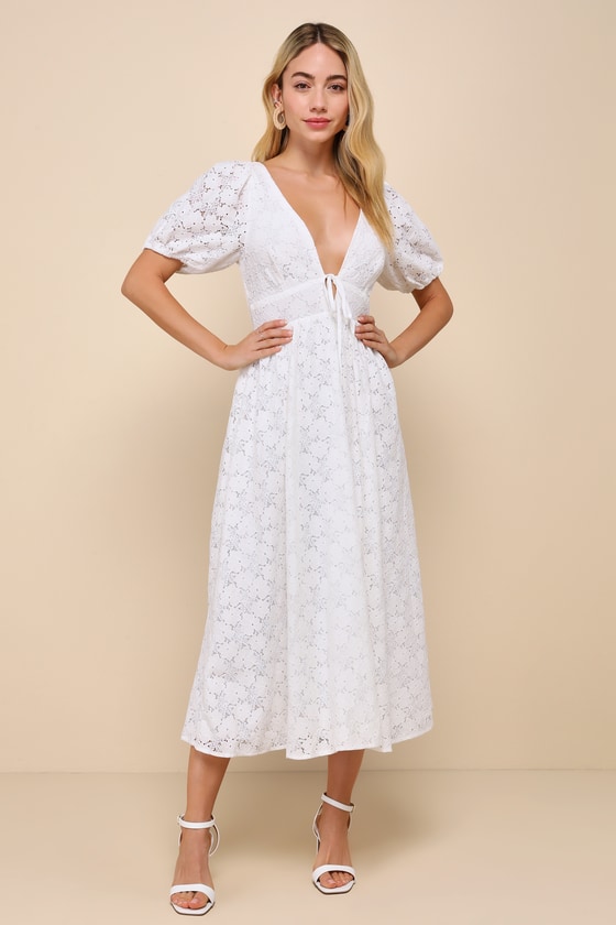 Ivory Crochet Lace Dress - Backless Midi Dress - Puff Sleeve Midi - Lulus