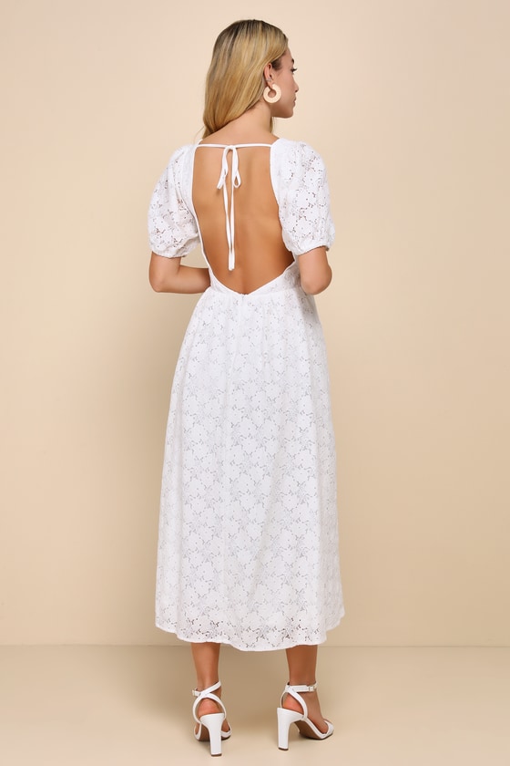 Ivory Crochet Lace Dress - Backless Midi Dress - Puff Sleeve Midi - Lulus