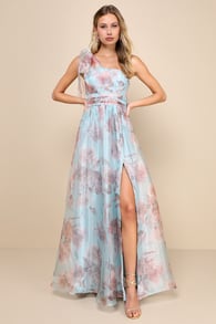 Dramatically Lovely Blue Floral Organza One-Shoulder Maxi Dress
