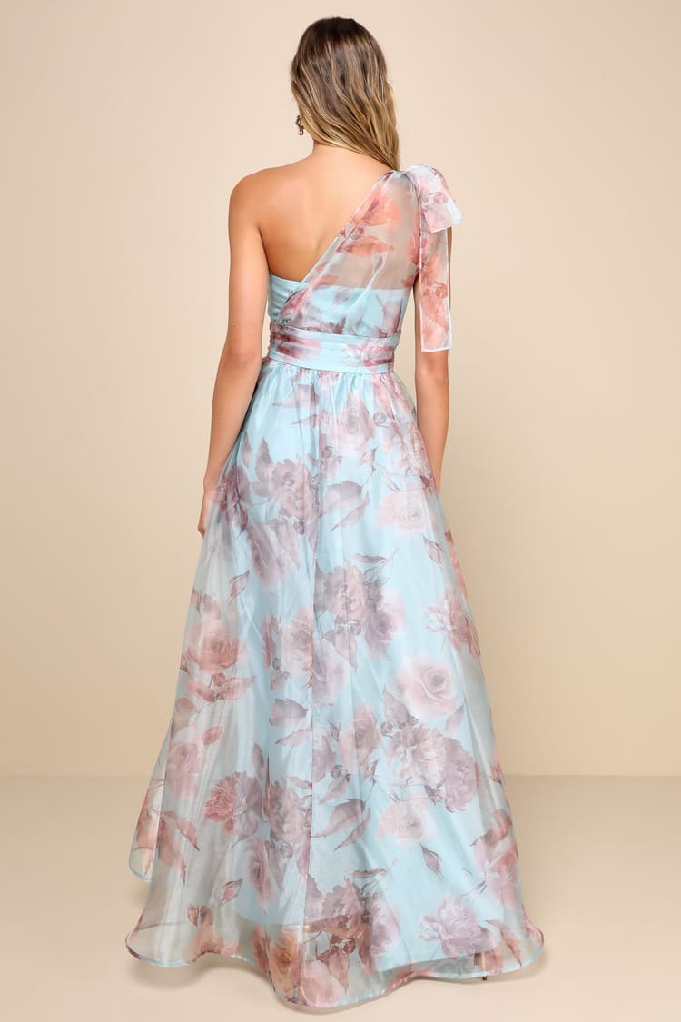 Dramatically Lovely Blue Floral Organza One-Shoulder Maxi Dress