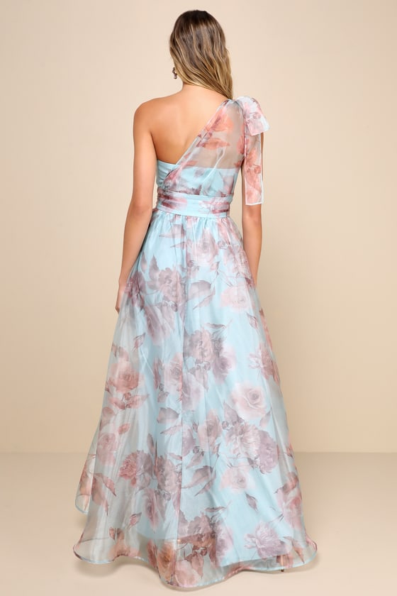 Dramatically Lovely Blue Floral Organza One-Shoulder Maxi Dress 3
