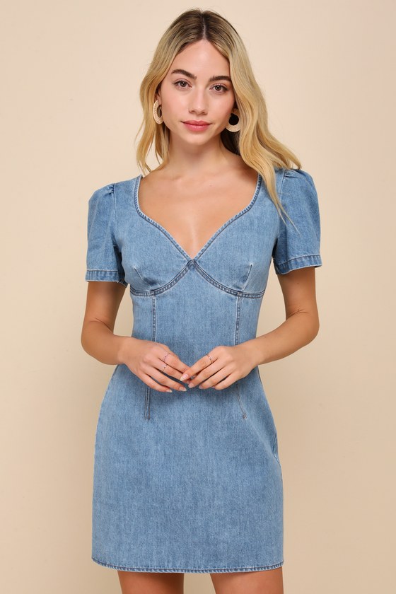 Lulus Dreamy Stroll Medium Wash Short Sleeve Denim Mini Dress In Blue