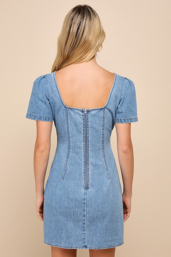 Lulus Dreamy Stroll Medium Wash Short Sleeve Denim Mini Dress In Blue