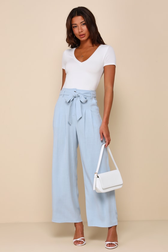 Shop Lulus Trend Alert Light Blue Belted High-waisted Wide-leg Pants