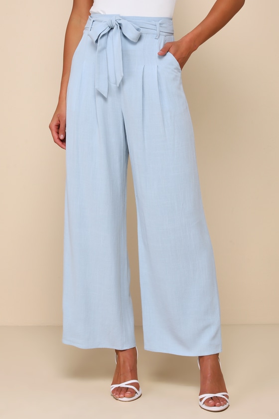 Shop Lulus Trend Alert Light Blue Belted High-waisted Wide-leg Pants
