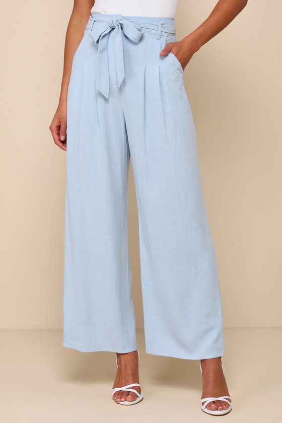 Light Blue Pants - Wide-Leg Trouser Pants - Linen Belted