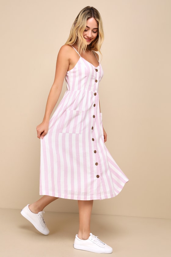 Shop Lulus Marseille Mood Pink Striped Linen Midi Dress With Pockets