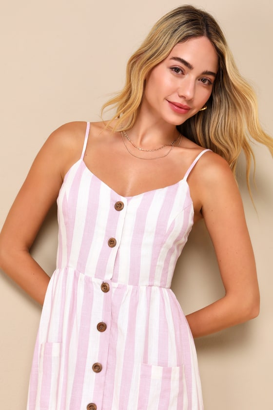 Shop Lulus Marseille Mood Pink Striped Linen Midi Dress With Pockets
