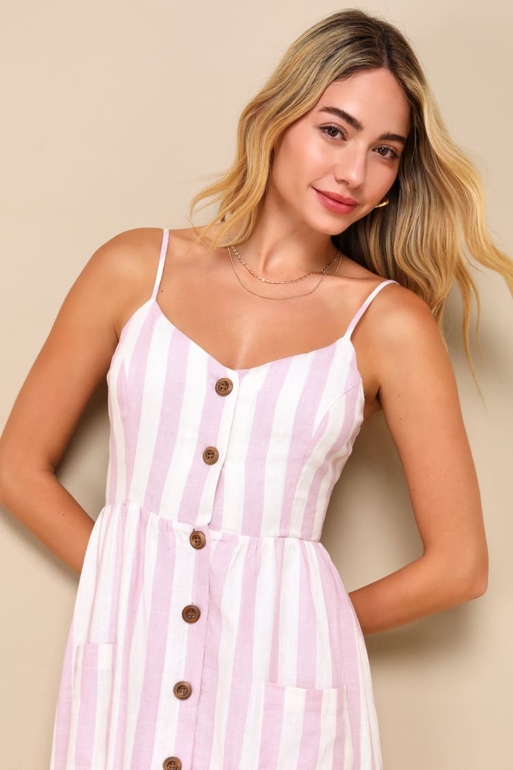 Pink Striped Dress - Linen Midi Dress - Dress With Pockets - Lulus