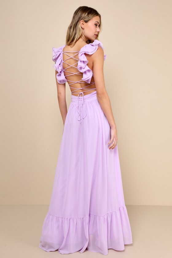 Lulus Soiree Celebration Lilac Ruffled Lace-up Maxi Dress In Lilac