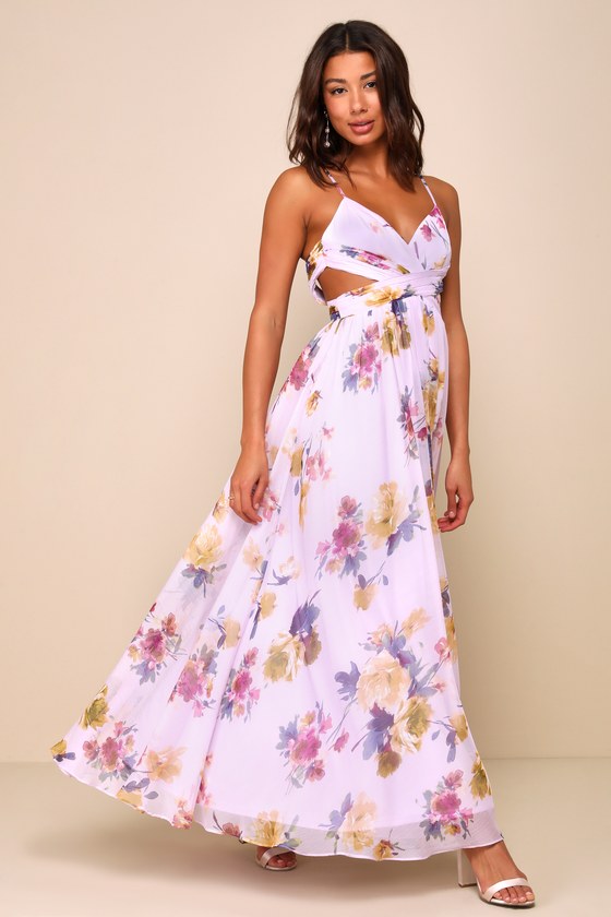 Lulus Exceptional Dream Lavender Floral Backless Cutout Maxi Dress In Purple