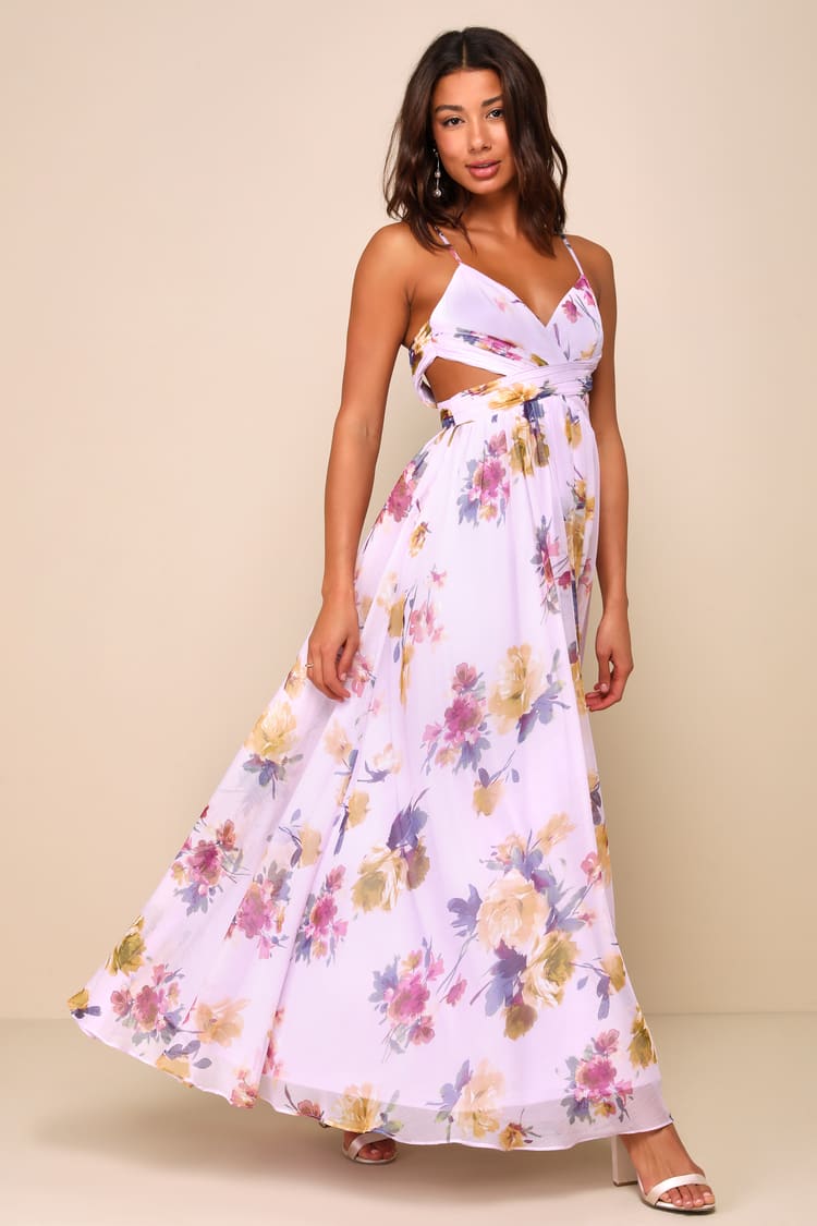 Lavender Floral Gown - Cutout Waist Dress - Backless Maxi Dress  