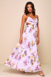 Exceptional Dream Lavender Floral Backless Cutout Maxi Dress