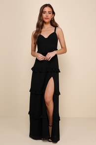 Sincerely Poised Black Backless Bustier Tiered Maxi Dress