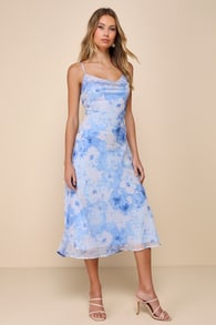 Fabulous Destiny Blue Floral Swiss Dot Cowl Neck Midi Dress
