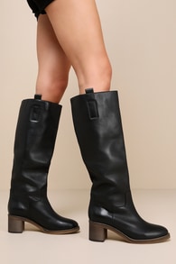 Tabby Black Leather Slip-On Knee-High Boots