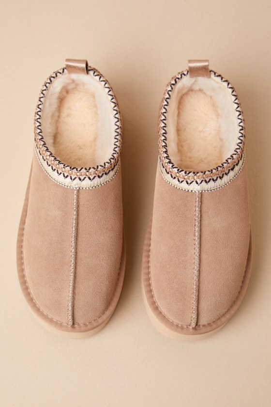 Shop Lulus Saima Sandstone Suede Embroidered Flatform Slippers In Taupe