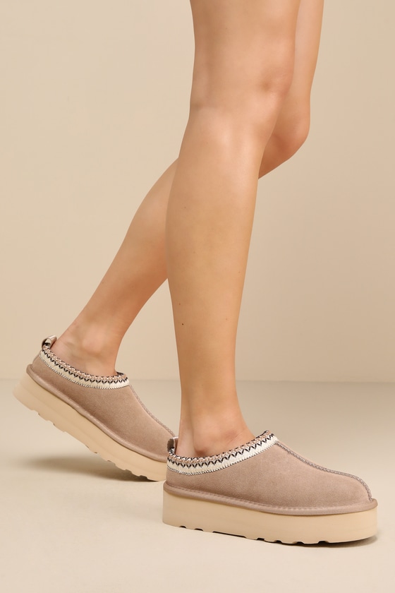 Shop Lulus Saima Sandstone Suede Embroidered Flatform Slippers In Taupe