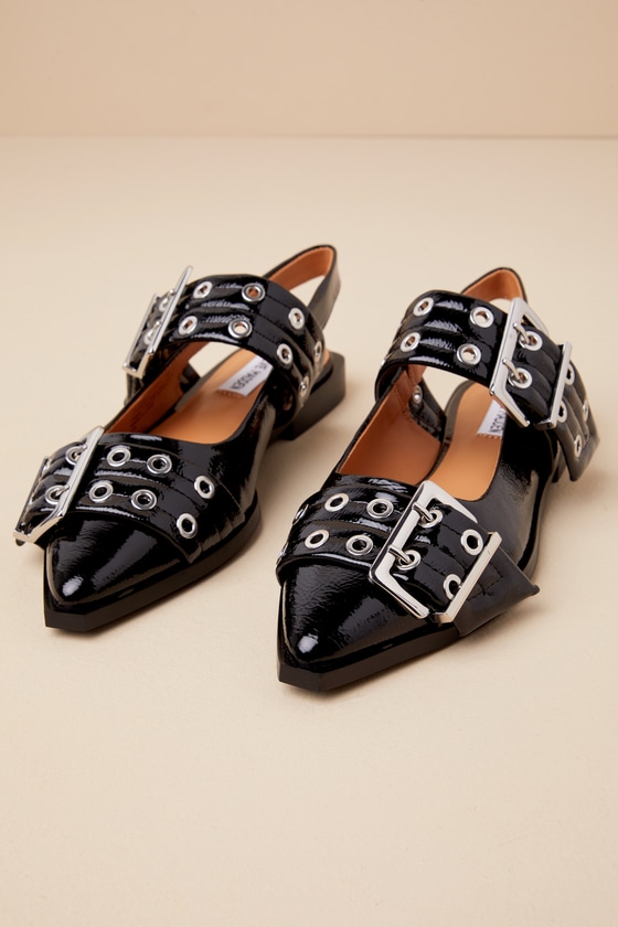 STEVE MADDEN GRAYA BLACK PATENT STUDDED BUCKLE SLINGBACK FLATS