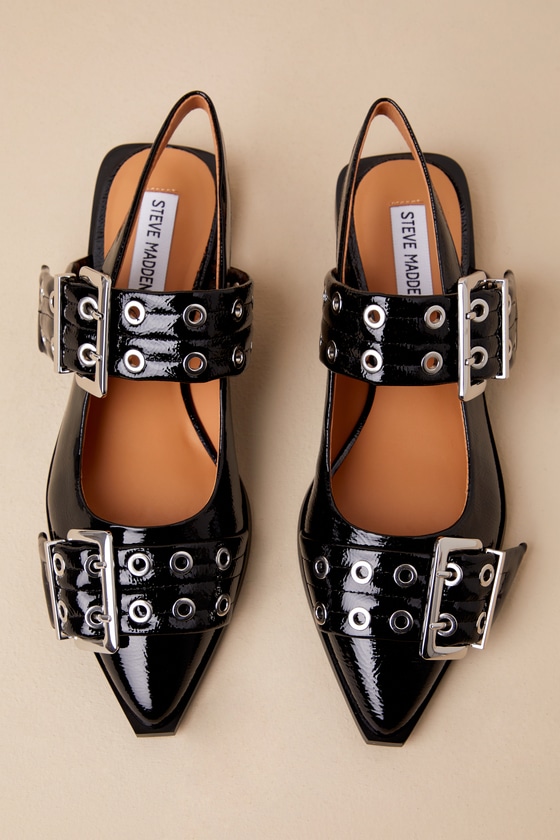 Shop Steve Madden Graya Black Patent Studded Buckle Slingback Flats