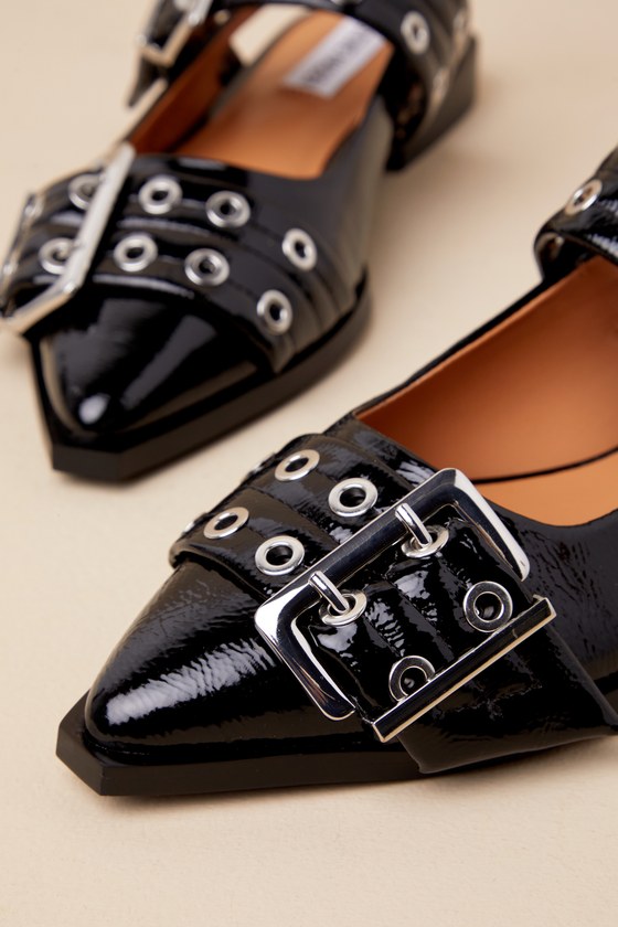 STEVE MADDEN GRAYA BLACK PATENT STUDDED BUCKLE SLINGBACK FLATS