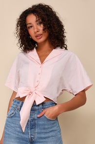 Adorable Performance Light Pink Crinkled Tie-Front Button-Up Top