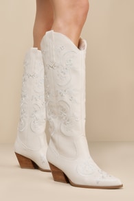 Zakai Ivory Embroidered Knee-High Slip-On Western Boots