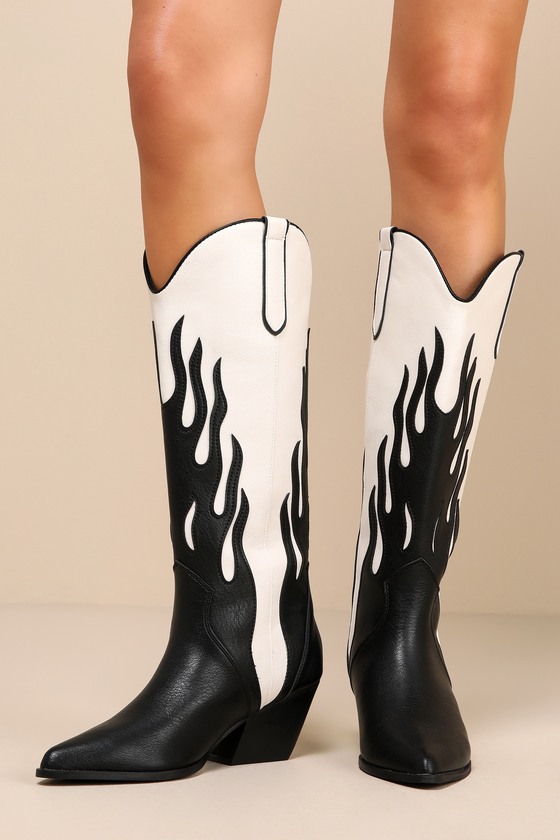 Zarina Black and Ivory Flame Knee-High Slip-On Western Boots 1