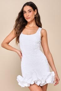 Extravagant Poise White Textured Jacquard Bubble-Hem Mini Dress