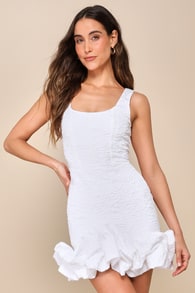 Extravagant Poise White Textured Jacquard Bubble-Hem Mini Dress 1