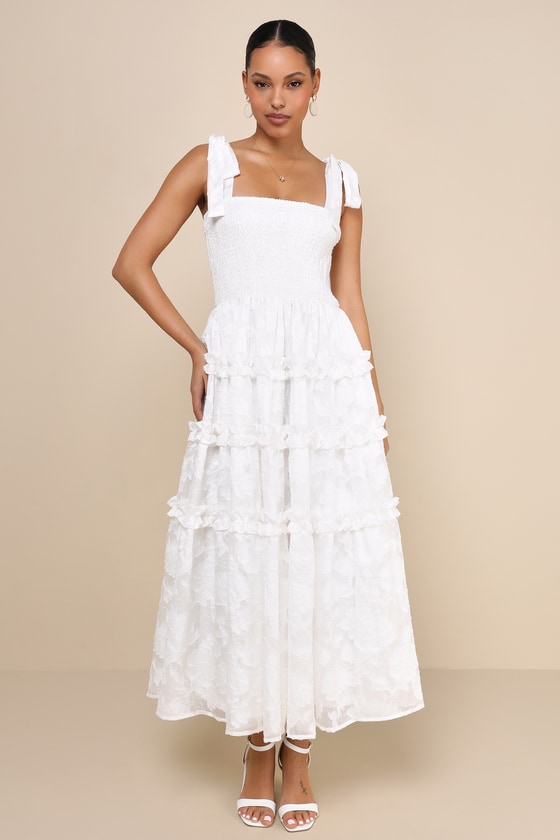 FORFORMO Midi Flare One-piece　WHITE White Floral Dress - Burnout Midi Dress - Smocked Tie-Strap