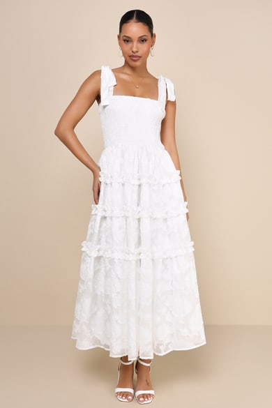 Ivory Floral Tiered Dress - Bustier Dress - Tie-Strap Midi Dress - Lulus