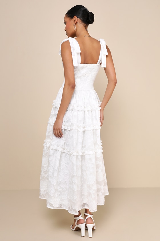 White Floral Dress - Burnout Midi Dress - Smocked Tie-Strap