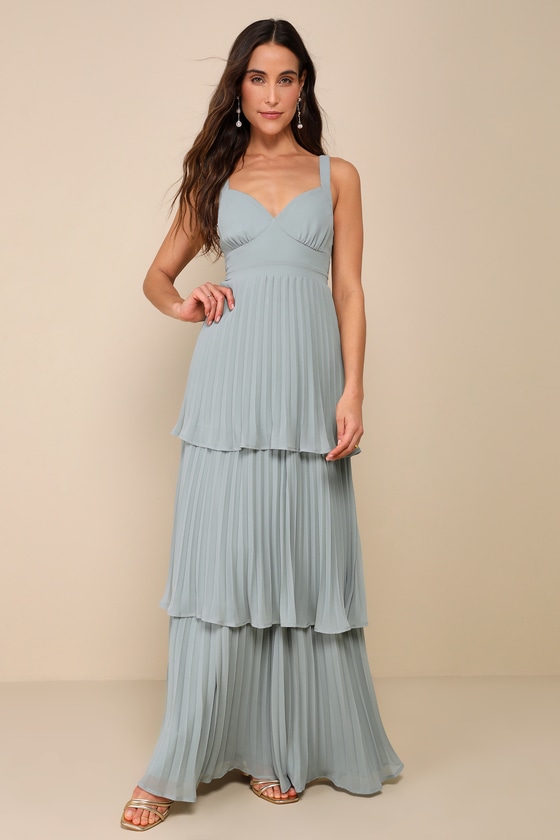 Lulus Luxe Perfection Sage Green Pleated Tiered Backless Maxi Dress