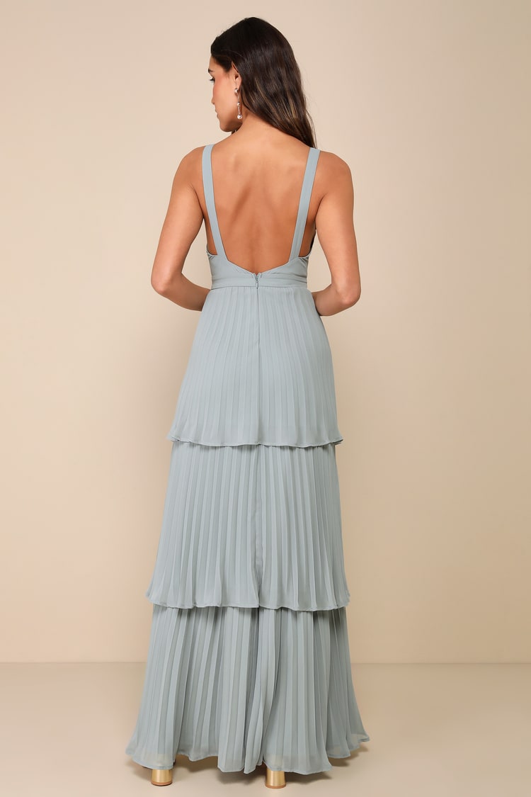 Luxe Perfection Sage Green Pleated Tiered Backless Maxi Dress