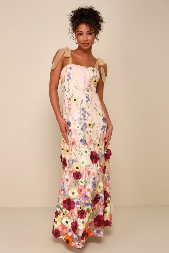 Image of Thriving Poise Blush 3D Floral Embroidered Tie-Strap Maxi Dress