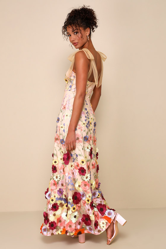 Lulus Thriving Poise Blush 3d Floral Embroidered Tie-strap Maxi Dress In Pink