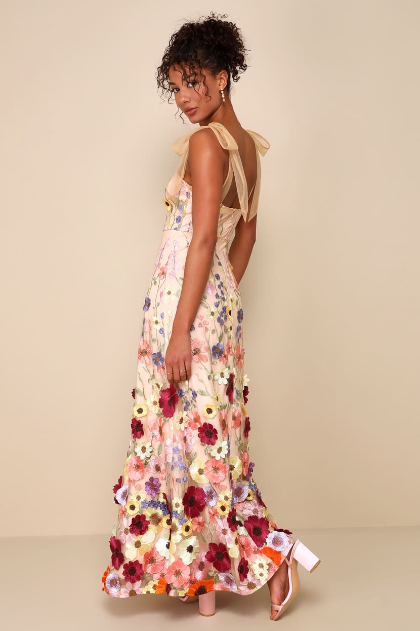 Thriving Poise Blush 3D Floral Embroidered Tie-Strap Maxi Dress