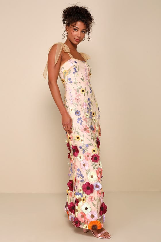 Lulus Thriving Poise Blush 3d Floral Embroidered Tie-strap Maxi Dress In Pink