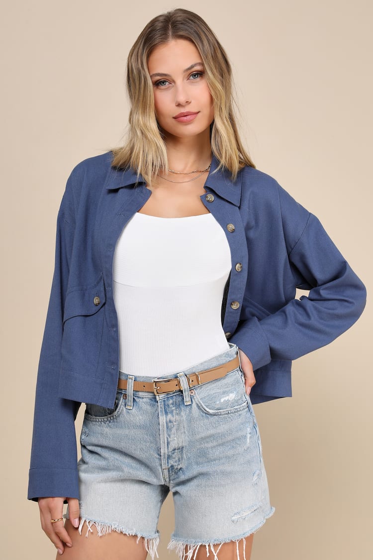 Blue Linen Cropped Jacket - Collared Jacket - Linen Chore Jacket 